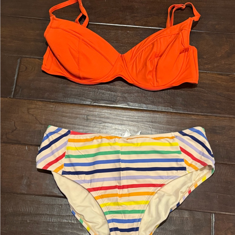Orange Bikini Top and Striped Bikini Bottom